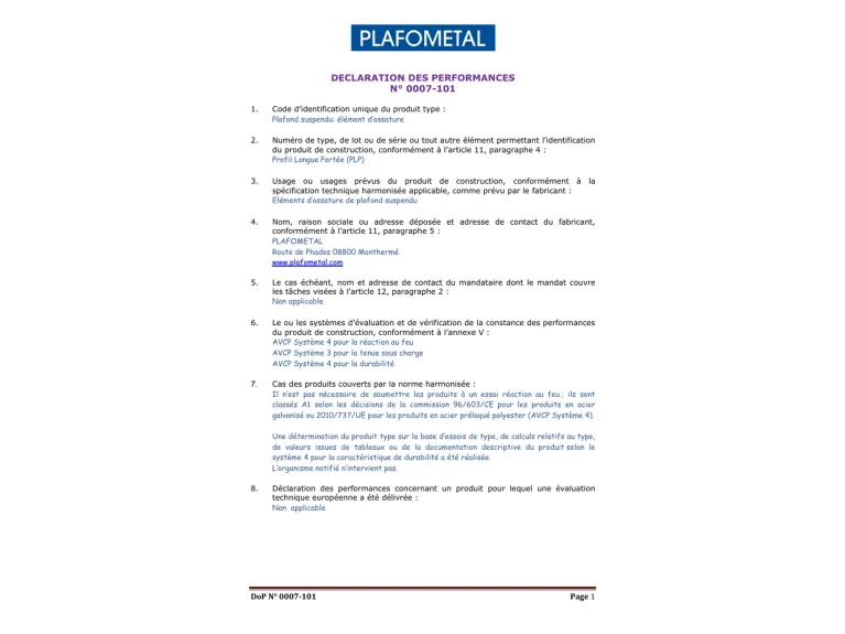 Déclaration des Performances (DoP) n° 0007-101 documentation