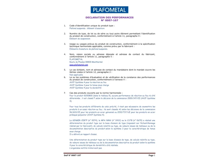 Déclaration des Performances (DoP) n° 0007-107 documentation