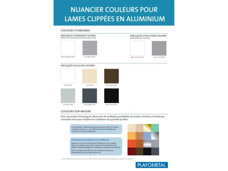 Nuancier couleurs pour lames clippées en aluminium documentation