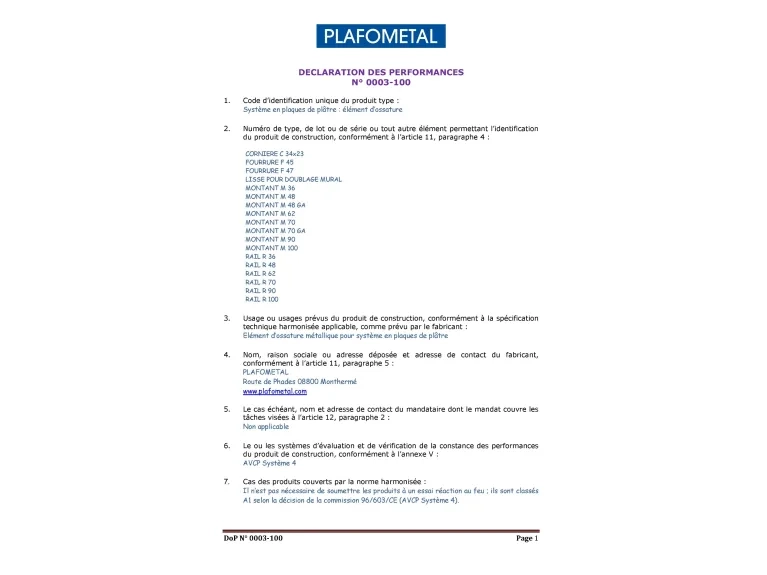 dop n0003-100 - plafometal - ossatures pour plaques de platre
